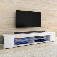 Meuble TV / Meuble de salon - MITCHELL - 180 cm - blanc mat / blanc brillant - éclairage LED bleu à piles - style moderne