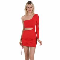 Robe d'été pour femmes sexy bandage creux sac de hanche robe à manches longues à une épaule Rouge
