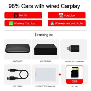 AUTORADIO Carplay BOÎTE 32G - avec carte SD de 64 Go - Carplay sans fil pour Android Auto, AI TV Box, Mise à niveau de