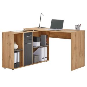 BUREAU  Bureau d'angle CARMEN table meuble de rangement intégré et modulable 4 étagères 1 porte et 1 tiroir, décor chêne sauvage/béton fonc