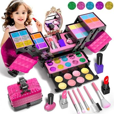 Coffret Maquillage Et Coiffure En Bois Pour Enfant Fille - Malette Avec Accessoires (Rouge à Lèvres, Peigne, Miroir...) - Jouet 3 4 5 6 Ans