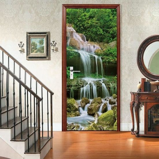 Sticker Porte Aquarelle Arbres Automne - 90x200 Cm, PVC - Autocollant Mural Amovible, Décoration Salon/chambre - 8