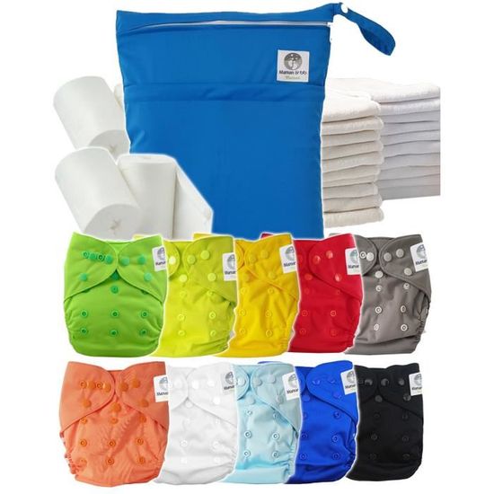Pack complet : lot de 10 couches lavables TE2 + inserts + voiles + sac imperméable - tons bleus