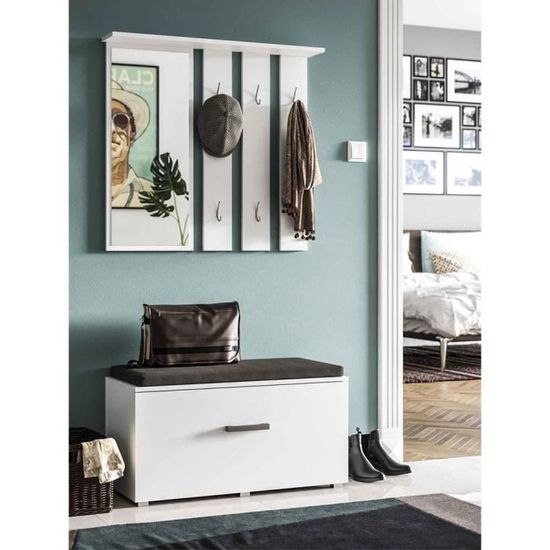 Vestiaire D'Entrée Yesfir Blanc - Meuble Range-Chaussures + Portemanteau + Miroir, 85x160x24 Cm, Style Moderne & Pratique