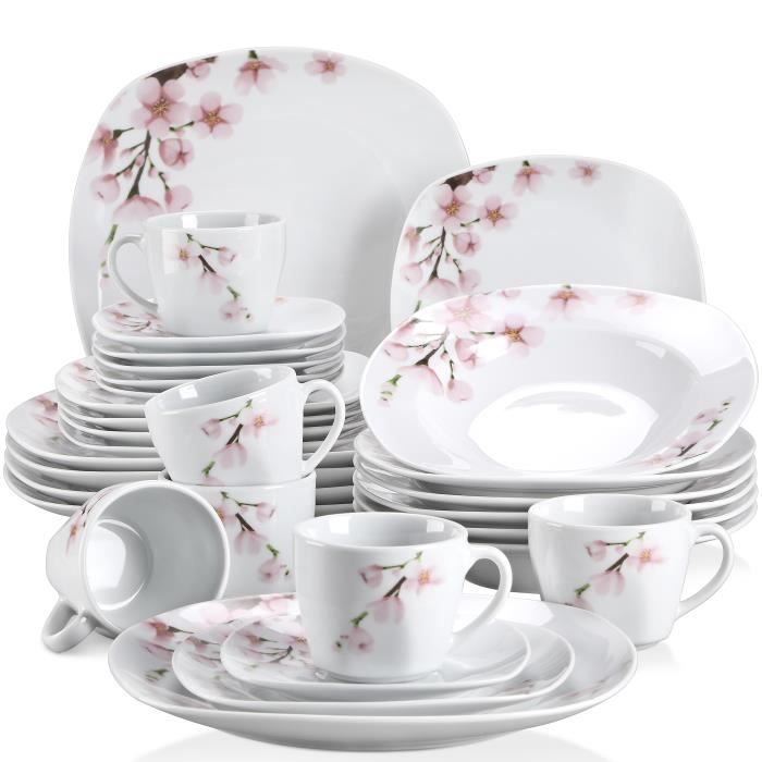 Veweet ANNIE 30pcs Service de Table Porcelaine 6pcs Assiette Plate / à Dessert / Creuse, Tasse avec Soucoupes Sakura Rose