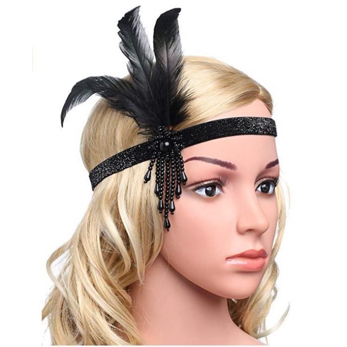 1pcs Headband Gatsby Bandeau Cristal 1920s Bandeau Plume Gatsby Flapper Accessoires Noir