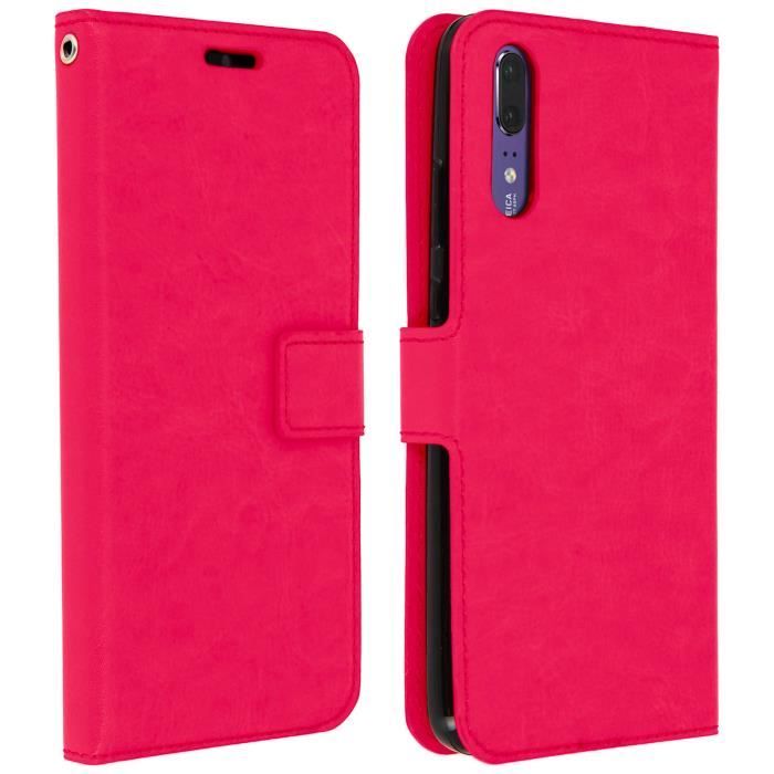 Housse Huawei P20 Etui Folio Portefeuille Clapet fuschia Fonction Support