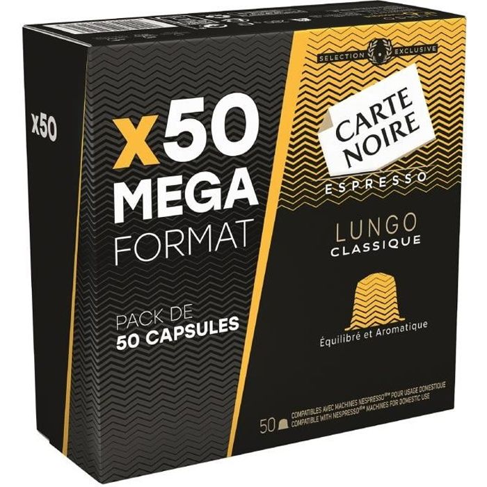 CARTE NOIRE Café capsules espresso lungo Classique Nespresso - boite de 50 capsules