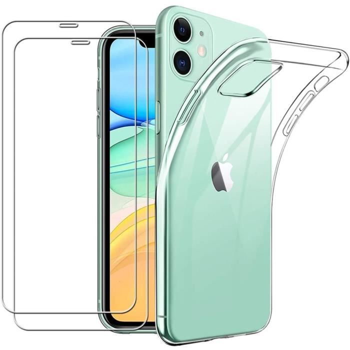 Coque pour iPhone 11 Antichoc Silicone + 2 Vitres en verre trempé Protection écran,