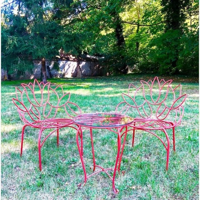 Salon Tulipe By HDT Ensemble de Jardin 2 Personnes 1 Table 2 Chaises en Métal Rouge 88