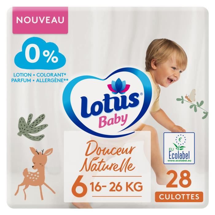 LOTUS BABY Couches culottes bébé taille 6 : 16 - 26kg douceur naturelle - paquet de 28 couches
