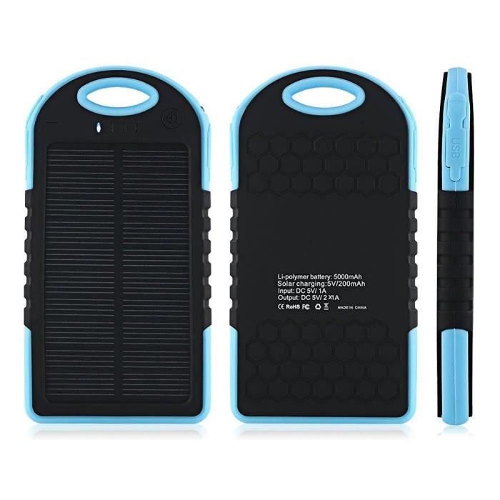 Mini Kitty ® 5000mAh Panneau Solaire Chargeur Batterie Externe de Secours 2 Ports USB Etanche/Antichoc avec Lampe LED - Bleu