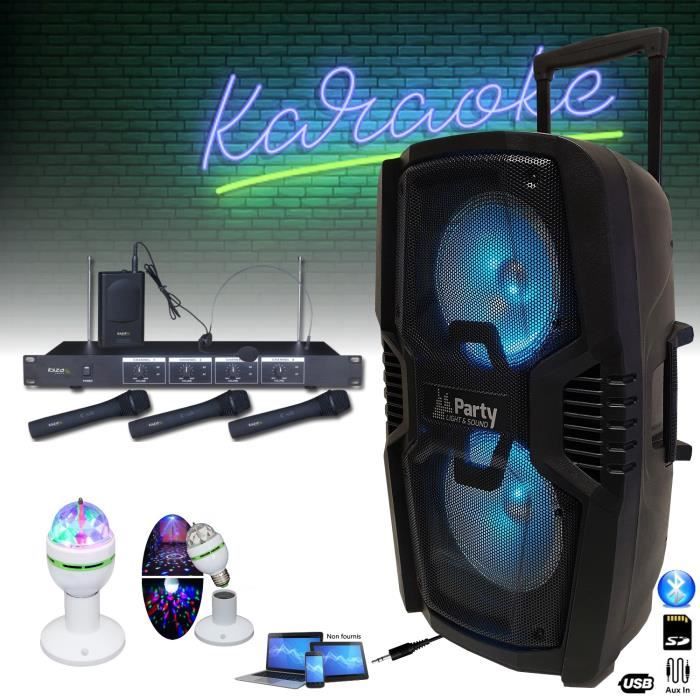Enceinte Karaoke portable sur batterie PARTY-210LED Télécommande - Système 4 Micros sans fil - Jeu de Lumière - Animation - Soirée