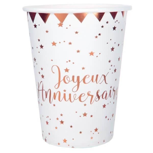 Gobelet joyeux anniversaire blanc et rose gold métallique (x10) R/5669 Matière carton