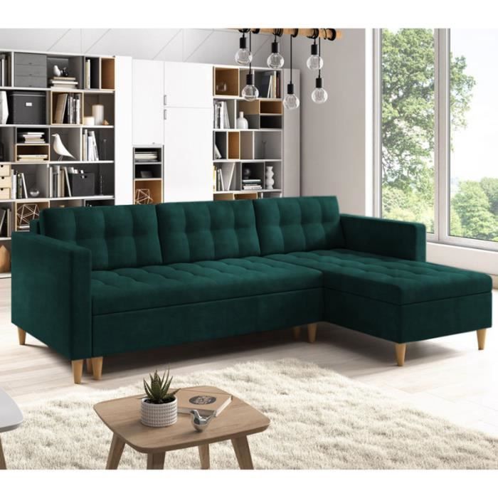 Canapé d’angle convertible - KOPENHAGA - tissu Monolith 37 vert bouteille - pieds en bois