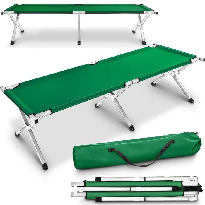 TRESKO XXL lit de camp pliable pour camping VERT 210 x 72 x 45 cm tubes métalliques - charge maximal 150kg