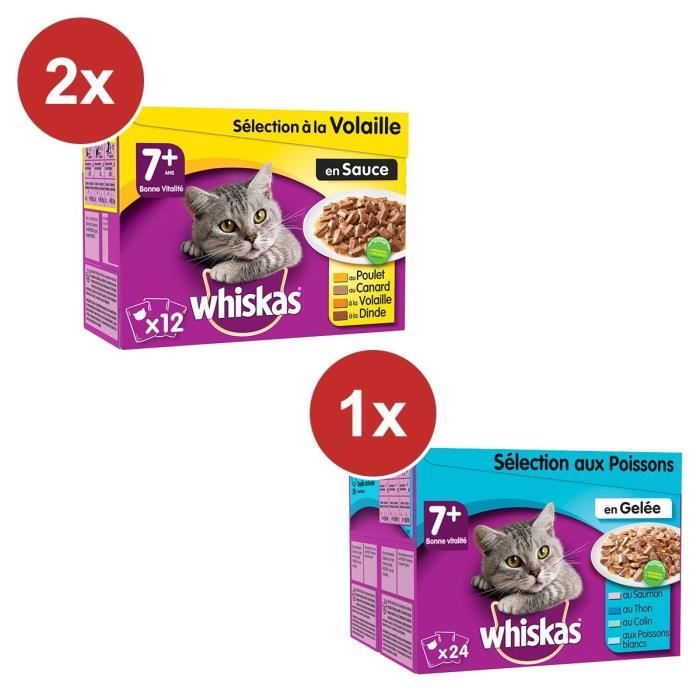 WHISKAS 24 Sachets fraîcheur en sauce volaille + 24 gelées aux poissons