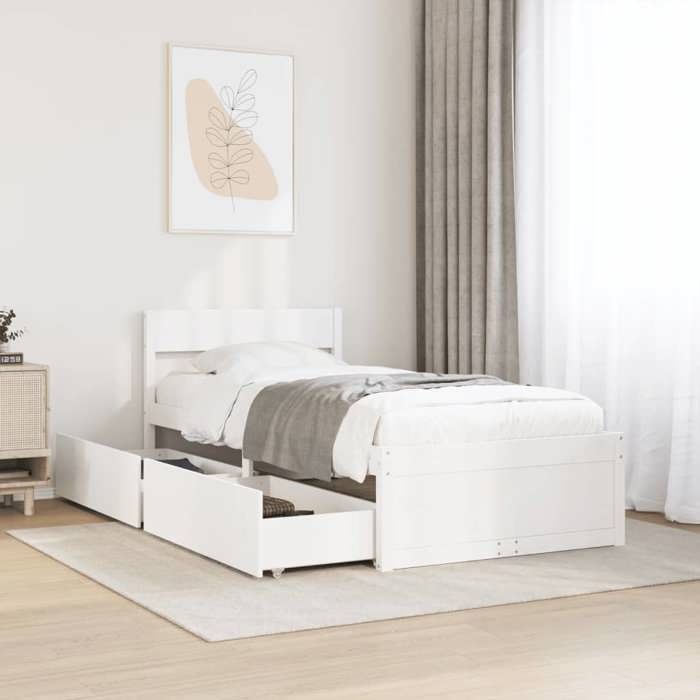 Cadre De Lit 90x190 Cm En Pin Massif Avec Tiroirs - Sommier à Lattes, Tête De Lit - Lit Simple Avec Rangement
