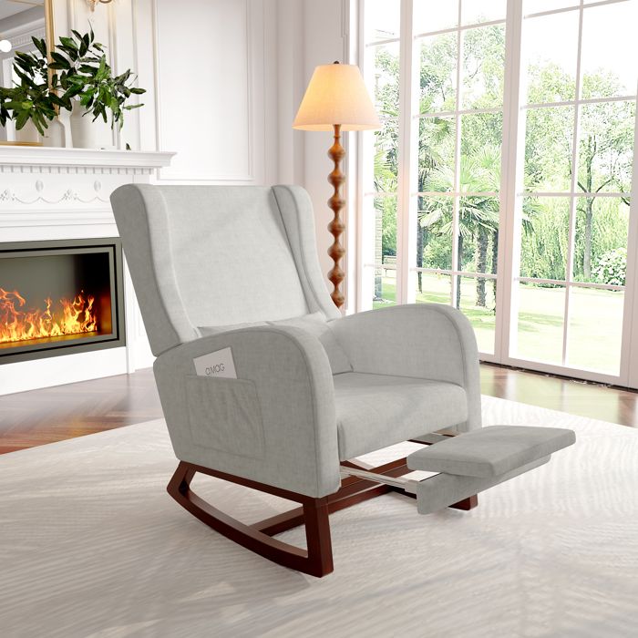 Fauteuil à Bascule - TANANT - Scandinave - Tissu Gris - Repose-jambes Télescopique - 150 kg