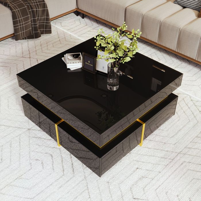 Table basse noir avec 2 tiroirs CarréDécor doré Style moderne minimaliste Table dappoint salon70x70x35.5cm