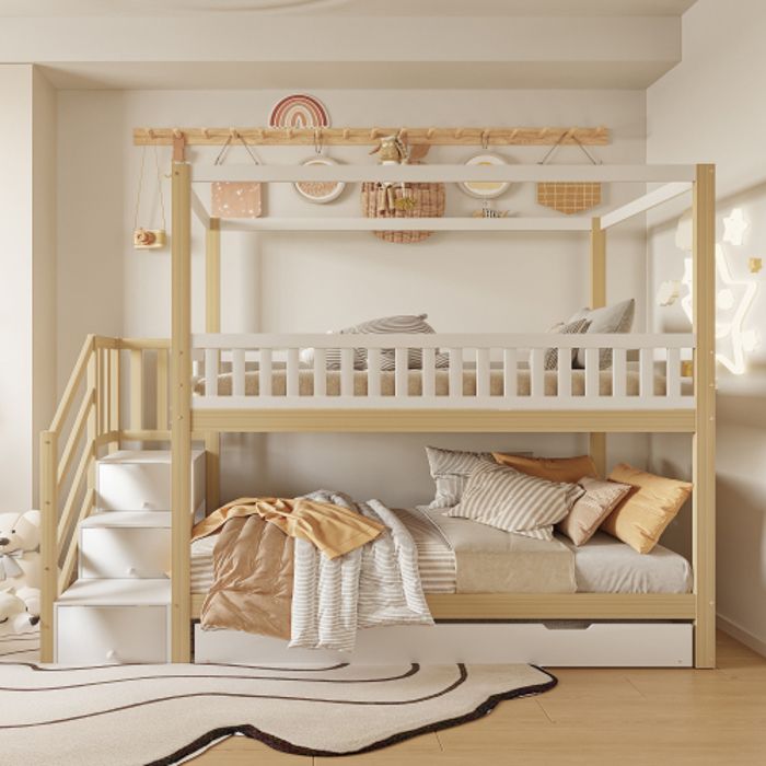 Lit Superposé Enfant 90x200 Cm – En Pin, Avec Escalier Rangement Et Barrière De Sécurité, Blanc – Idéal Pour Petits Espaces, Matelas Non Inclus