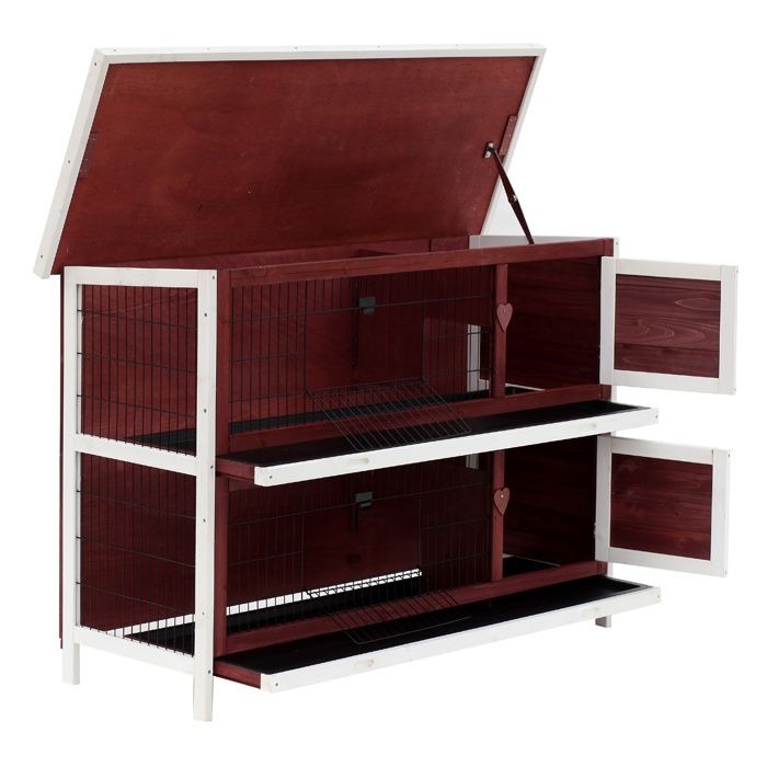 Meilleurs prix pour Clapier sur pieds - PawHut - 2 niveaux plateaux coulissants 4 portes verrouillables toit ouvrant - 136 x 50 x 93 cm - rouge brique