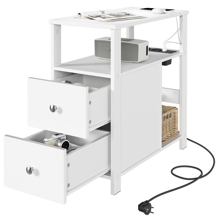 Table dAppoint avec Prise Intégrée - WOLTU Chevet Étroite avec 2 Tiroirs - 60x30x60cm - Blanc W0ATT0861