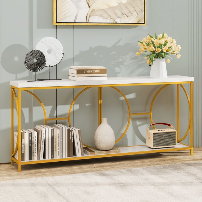 Table Console Scandinave COSTWAY 120cm - Faux Marbre, Cadre Doré - Meuble Entrée/Salon - 2 Niveaux