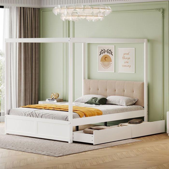 Lit à baldaquin 140x200cm Lit adulte Lit double en bois avec 2 Tiroirs Tête du lit et Sommier à lattes - blanc