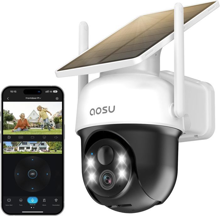 Caméra De Surveillance Extérieure Solaire AOSU 2K - 360° PTZ, Suivi Automatique, Vision Nuit Couleur, Alarme Lumineuse