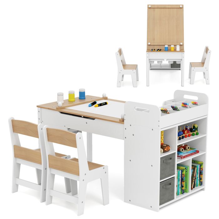 COSTWAY Table 3 en 1 et 2 Chaises Enfants -Rouleau de Papier -Plateau Rabattable - Étagères -Bacs en Tissu-8 Pots de Peinture