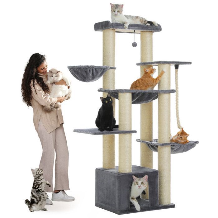 Meilleurs prix pour PAWZ Road Grand Arbre a Chat, Arbre à Chat avec Poteaux XXL 11 cm en Sisal, Hamacs Spacieux, Condo & Perchoir, 170 cm, Gris Clair