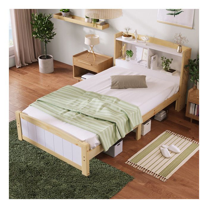 Lit simple en bois massif 90 x 200 cm avec tête de lit Lit 1 Personne Lit enfant avec espace de rangement Blanc et Naturel