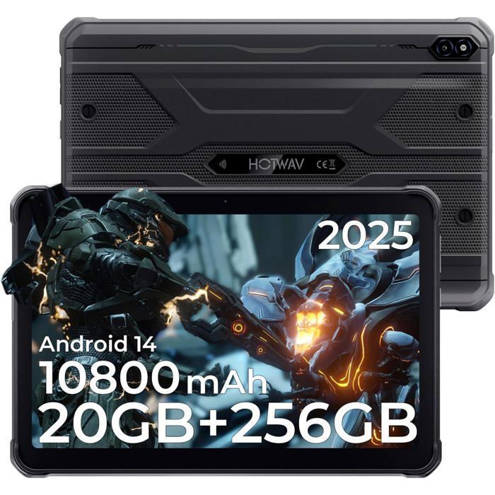 HOTWAV Tablette Incassable 20Go+256Go 10.1 10080mAh Tablette Tactile Android 14 Double SIM 4G/IP68&IP69K/GPS Noir