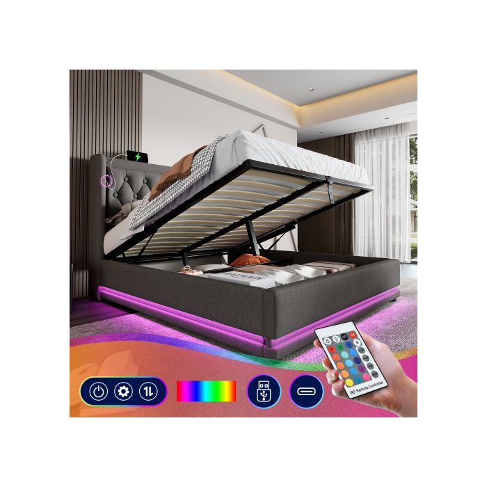 Lit coffre - SOGEU - 180x200 cm - Tête capitonnée USB/Type-C - LED multicolore - Sommier relevable hydraulique