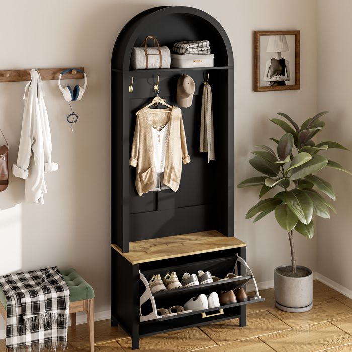 Meuble dentrée - Becag - Vestiaire dentrée avec étagère à chaussures et crochets - Design moderne - 75x35x195cm - Noir
