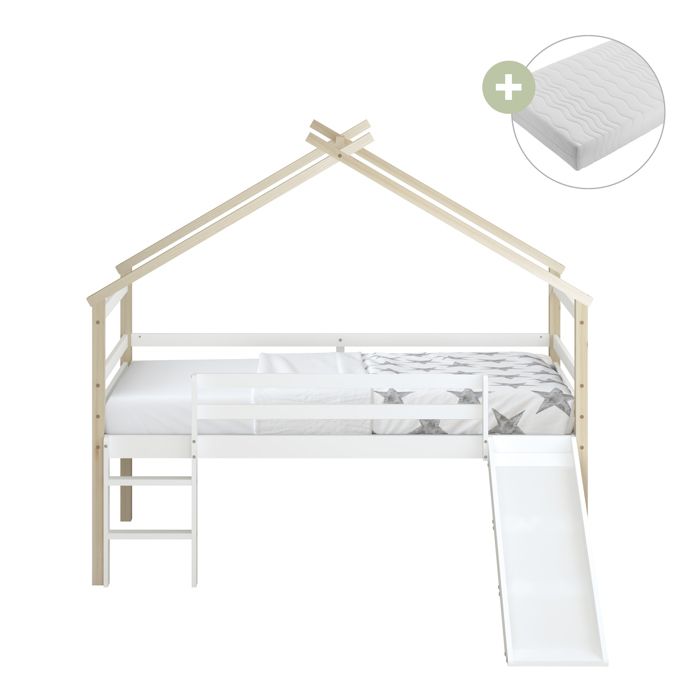 Lit mezzanine - SUNNY - Sunny River - Cabane avec toboggan - Matelas hybride 90x200 (14 cm) - Bois pin FSC Lit mezzanine - SUNNY - Sunny River - Cabane avec toboggan - Matelas hybride 90x200 (14 cm) - Bois pin FSC