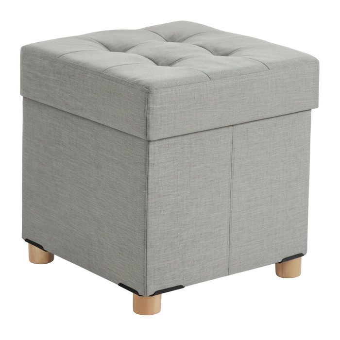 Relaxdays Tabouret coffre rembourré carré 38 x 38 x 38 cm aspect lin pieds bois gris clair