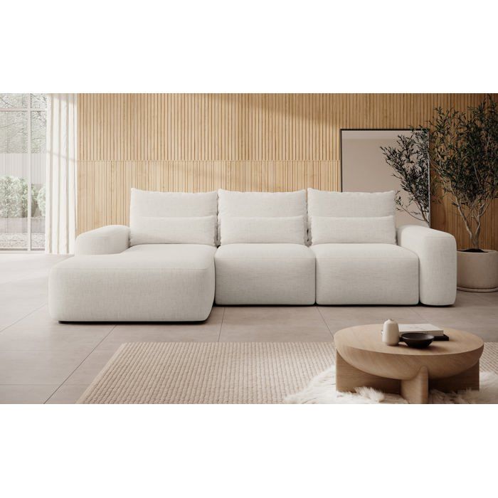 Canapé d’angle convertible – CARNOS – en chenille hydrofuge – crème – angle gauche