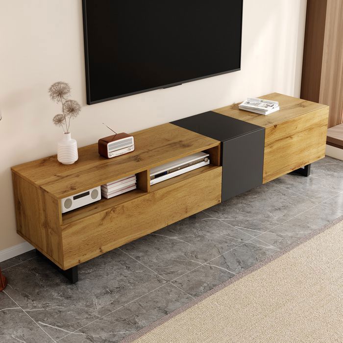 Meuble TV 170×365×42 cm en panneaux mélaminés et métal – avec rangements style moderne