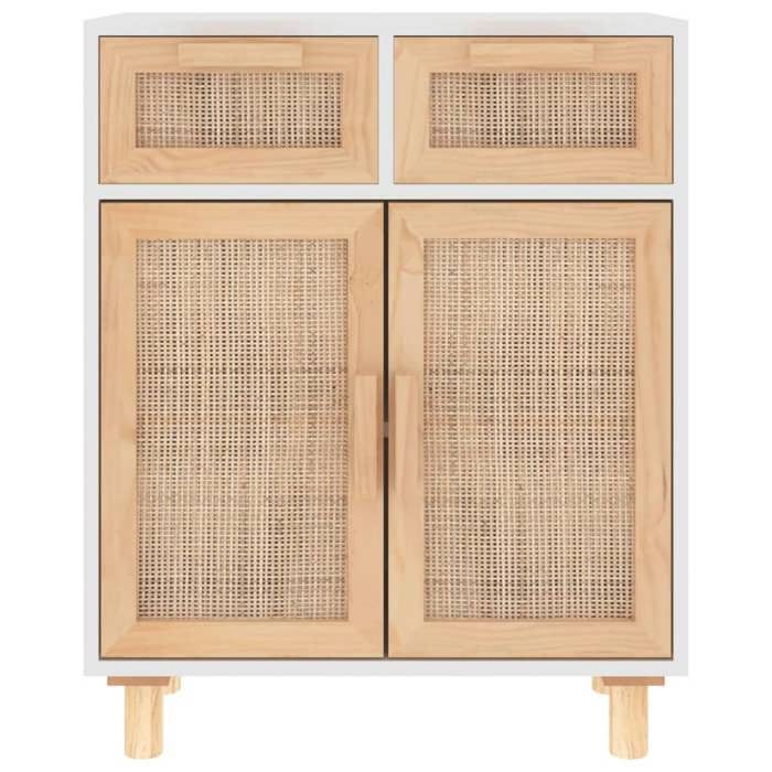 Buffet en bois de pin et rotin - WIENS - 60x30x75 cm - Blanc - Bois de pin massif - Rotin naturel - 2 tiroirs