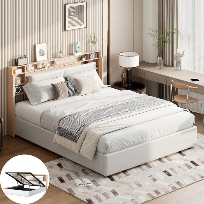 Lit double rembourré 160 x 200 cm Chambre complete adulte avec LED et rangement Lit coffre avec Tête de lit rembourrée PU Blanc