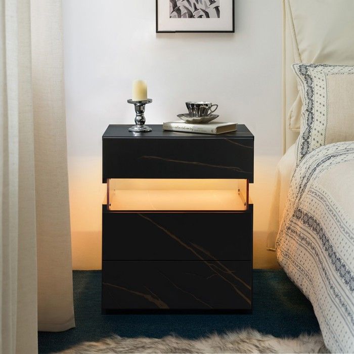Tables de Chevet LED Noir et Doré 48x38x61cm - Commode 3 Tiroirs avec Panneau Acrylique pour Chambre ou Salon Tables de Chevet LED Noir et Doré 48x38x61cm - Commode 3 Tiroirs avec Panneau Acrylique pour Chambre ou Salon
