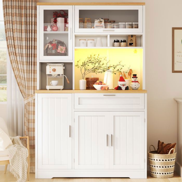 Armoire Haute avec Vitrine LED - MERAX - 104 x 40 x 180 cm - Blanc - Meuble de Rangement Cuisine et Salon