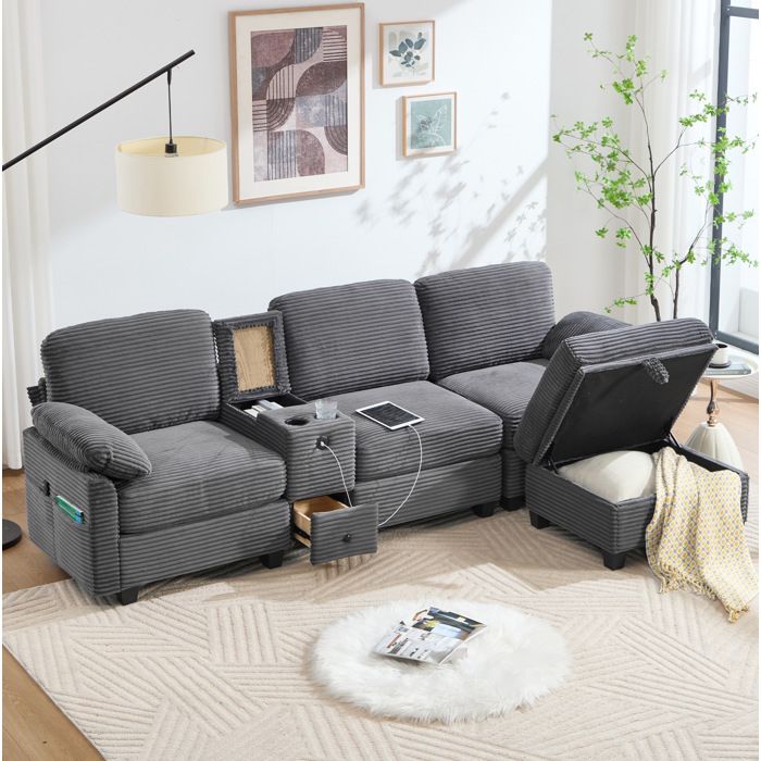 Canapé d’angle en velours côtelé. canapé droit avec repose-pieds. 2 porte-gobelets et USB-C. salon/chambre. Gris foncé