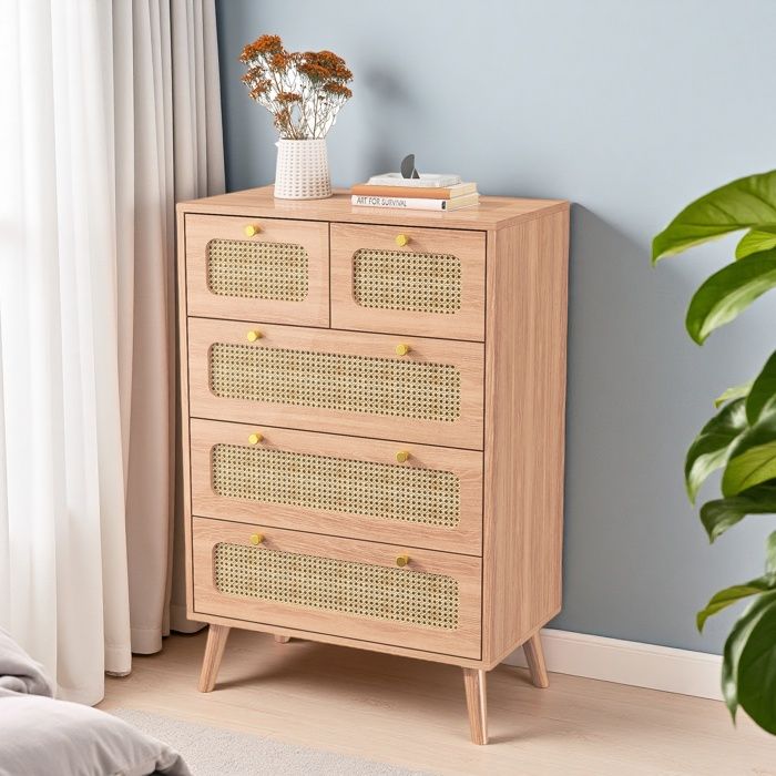 Commode En Raton Design Commode en Rotin avec 5 Tiroirs, Chiffonnier Buffet pour Chambre, Salon ...