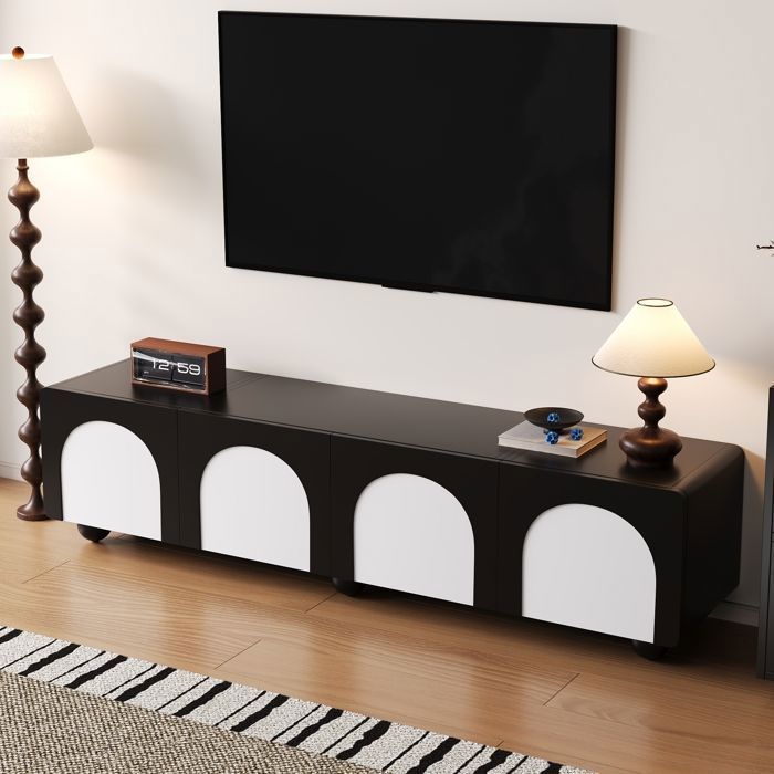 MERAX Meuble TV - Noir et Blanc - avec 2 Tiroirs et 2 Portes - Design Arche Moderne - 180 x 38 x 45 cm