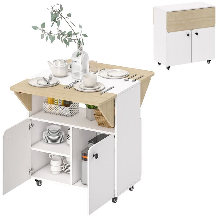 Table à manger pliante - HOMCOM - sur roulettes - 4 personnes - 2 abattants étagère placard - bois - 70x83x75cm - blanc