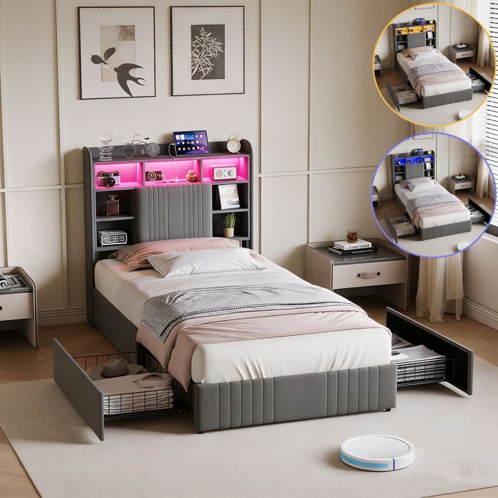 Lit 90x200cm avec 2 Tiroirs - 2 Prises/Ports USB/Type-C - Tête de Lit LED - Sommier inclus - Adultes et Adolescents - Lin Gris