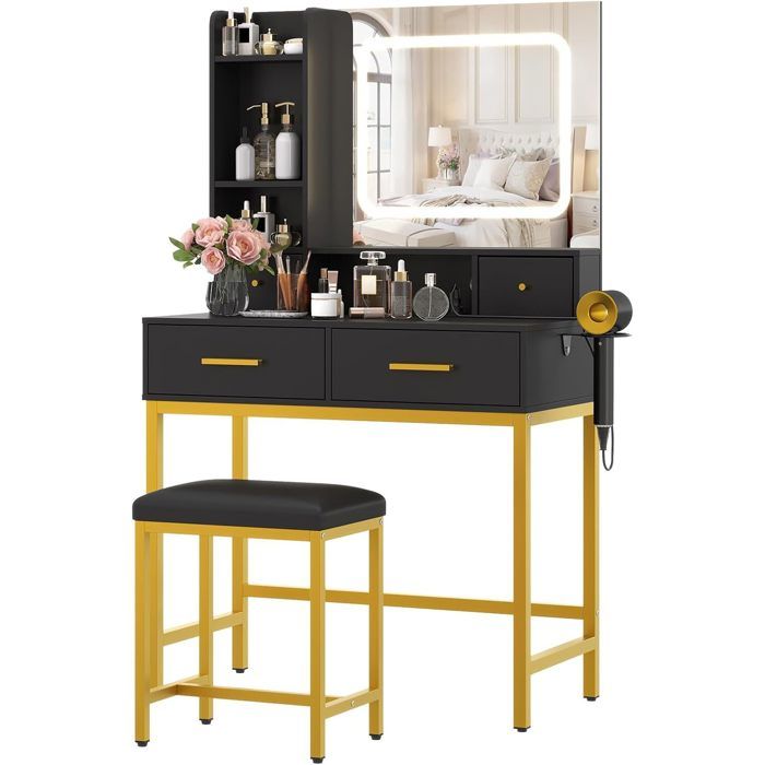 Coiffeuse avec Miroir LED et Tabouret -80× 40× 135 cm-avec 4 Tiroirs et 3 Étagères-- 3 Modes Déclairage-NOIR